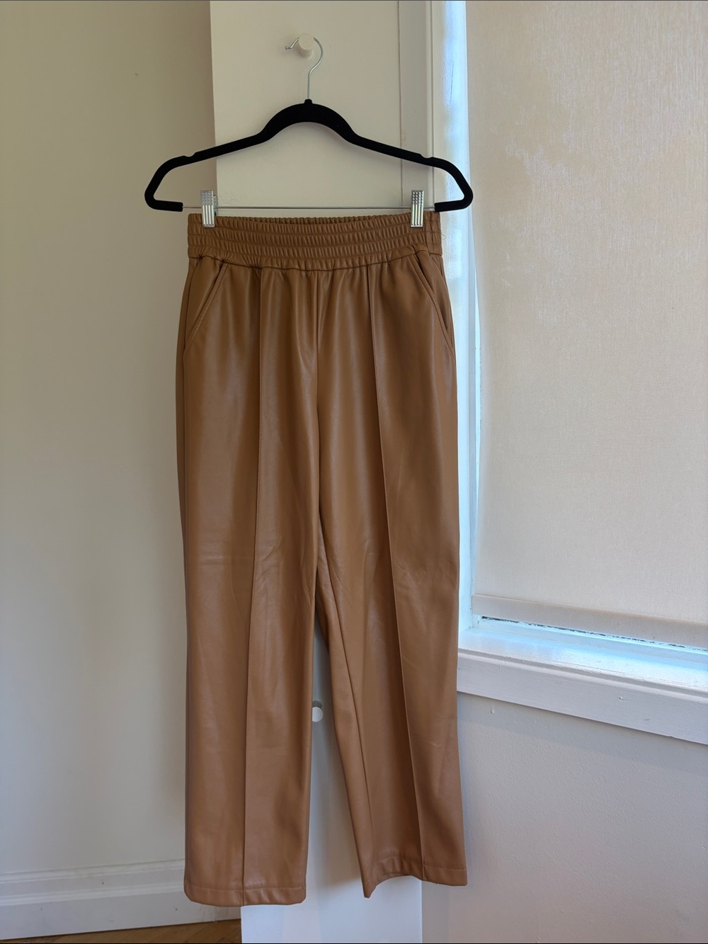 Faux Leather Pants in Camel Tan with Elastic Waistband